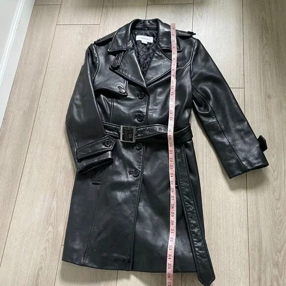 Calvin Klein Genuine Leather Trench Coat Women Small Black Classic Elegant Retro - Picture 15 of 15